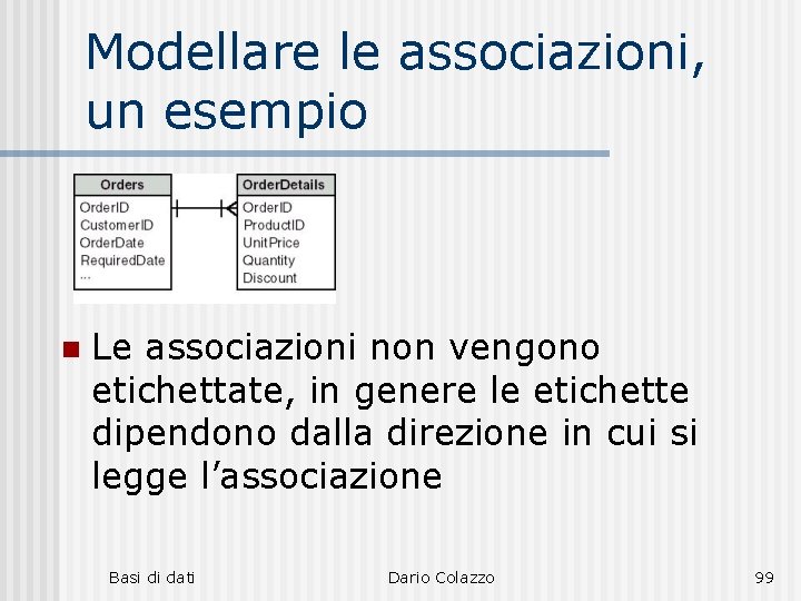 Modellare le associazioni, un esempio n Le associazioni non vengono etichettate, in genere le