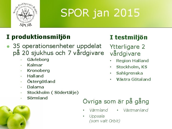  SPOR jan 2015 I produktionsmiljön l I testmiljön 35 operationsenheter uppdelat på 20