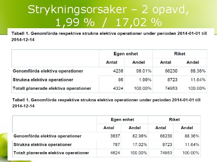 Strykningsorsaker – 2 opavd, 1, 99 % / 17, 02 % 