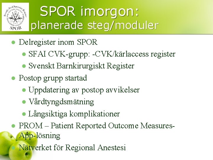  SPOR imorgon: planerade steg/moduler l l Delregister inom SPOR l SFAI CVK-grupp: -CVK/kärlaccess