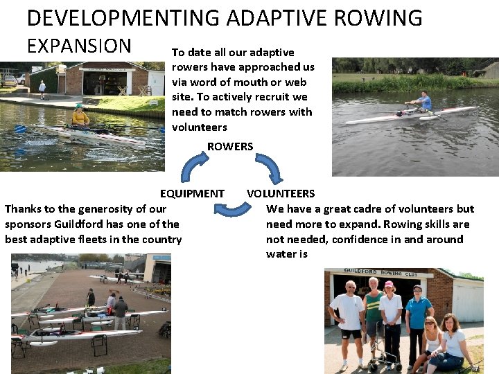 DEVELOPMENTING ADAPTIVE ROWING EXPANSION To date all our adaptive rowers have approached us via