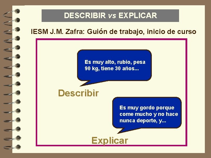 DESCRIBIR vs EXPLICAR IESM J. M. Zafra: Guión de trabajo, inicio de curso Es