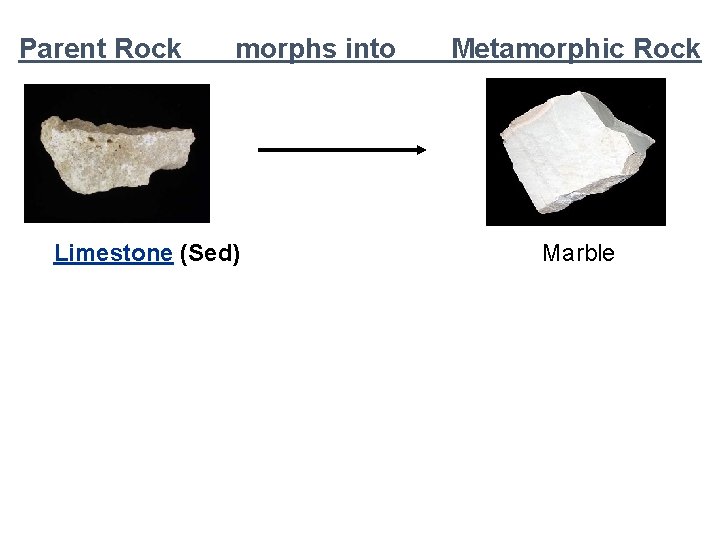 Parent Rock morphs into Limestone (Sed) Metamorphic Rock Marble 