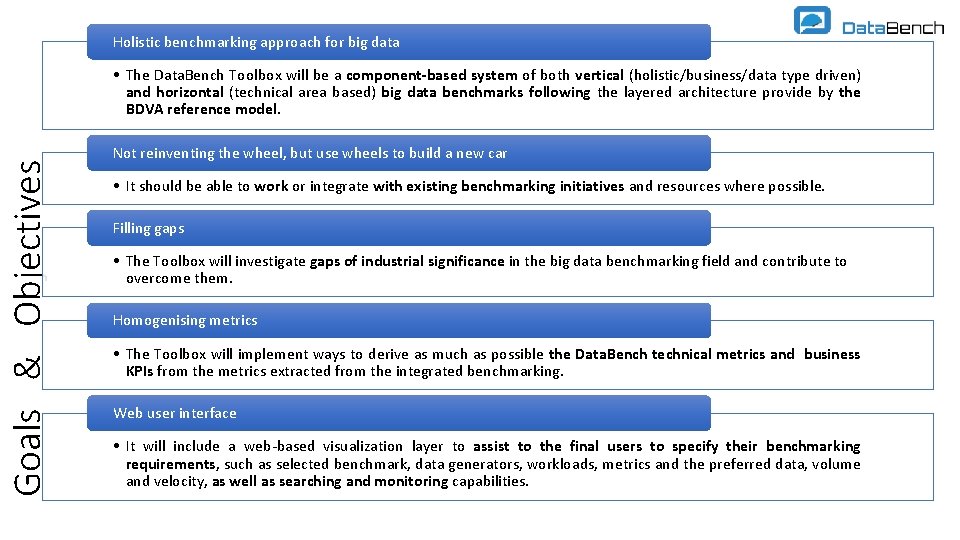 Holistic benchmarking approach for big data Goals & Objectives • The Data. Bench Toolbox