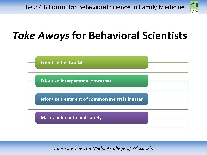 The 37 th Forum for Behavioral Science in Family Medicine Take Aways for Behavioral