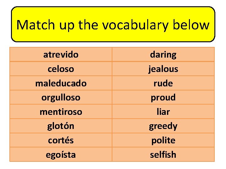 Match up the vocabulary below atrevido celoso maleducado orgulloso mentiroso glotón cortés egoísta daring