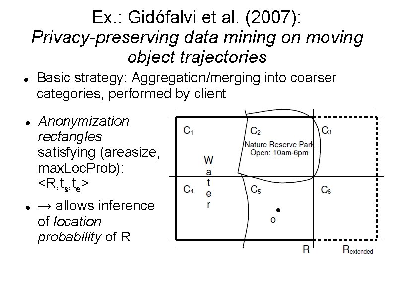 Ex. : Gidófalvi et al. (2007): Privacy-preserving data mining on moving object trajectories Basic Ex. : Gidófalvi et al. (2007): Privacy-preserving data mining on moving object trajectories Basic