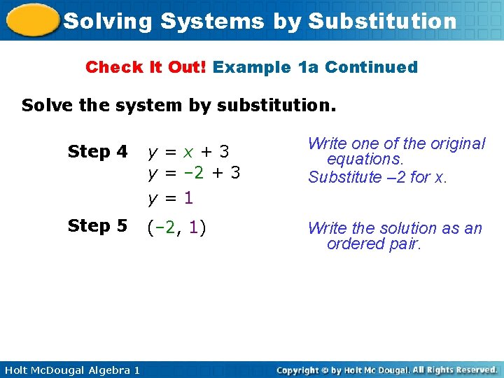 Solving Systems by Substitution Check It Out! Example 1 a Continued Solve the system