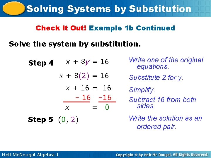 Solving Systems by Substitution Check It Out! Example 1 b Continued Solve the system