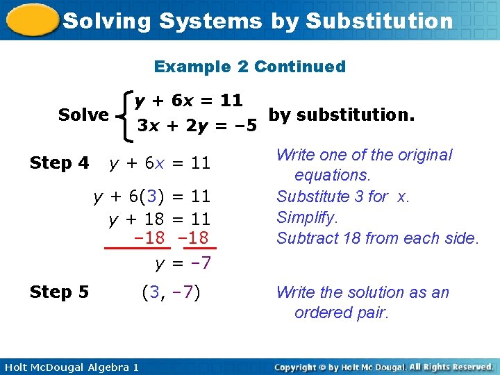Solving Systems by Substitution Example 2 Continued Solve Step 4 y + 6 x