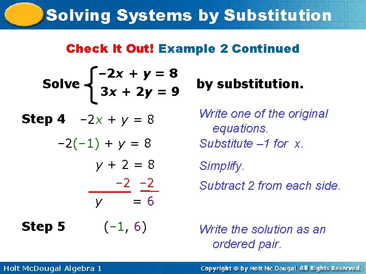 Solving Systems by Substitution Check It Out! Example 2 Continued Solve Step 4 –