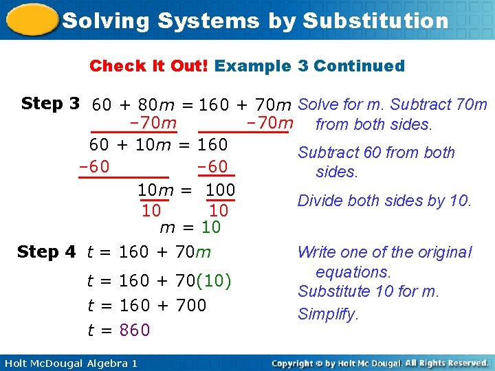 Solving Systems by Substitution Check It Out! Example 3 Continued Step 3 60 +