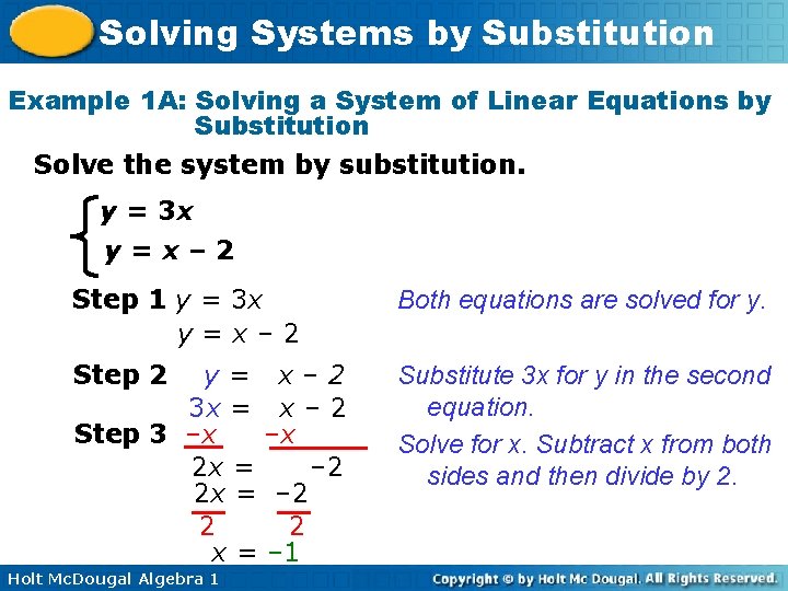 Solving Systems by Substitution Example 1 A: Solving a System of Linear Equations by
