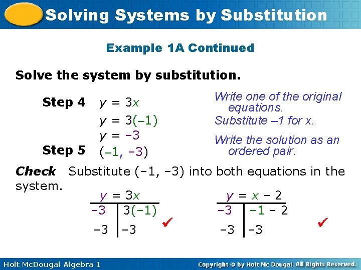 Solving Systems by Substitution Example 1 A Continued Solve the system by substitution. Step