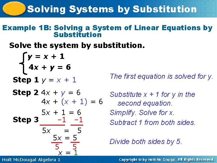 Solving Systems by Substitution Example 1 B: Solving a System of Linear Equations by