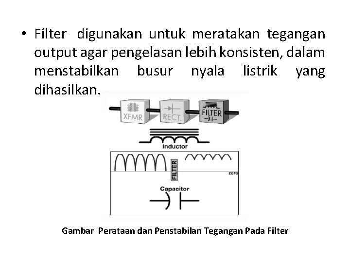  • Filter digunakan untuk meratakan tegangan output agar pengelasan lebih konsisten, dalam menstabilkan