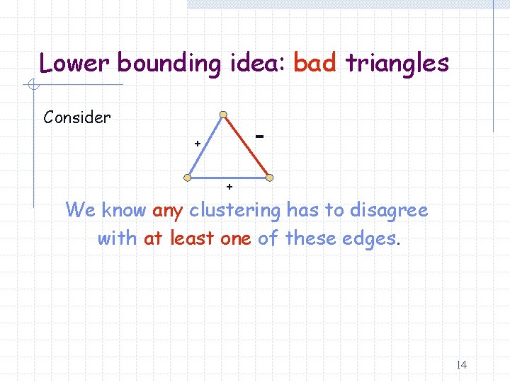 Lower bounding idea: bad triangles Consider + + We know any clustering has to