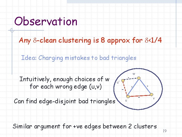 Observation Any -clean clustering is 8 approx for <1/4 Idea: Charging mistakes to bad