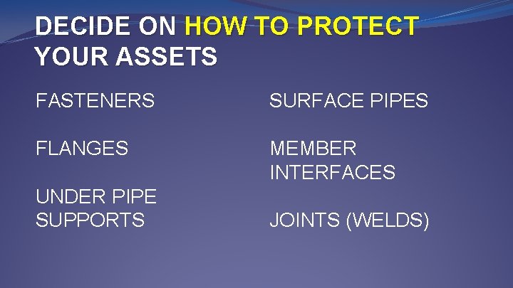 DECIDE ON HOW TO PROTECT YOUR ASSETS FASTENERS SURFACE PIPES FLANGES MEMBER INTERFACES UNDER