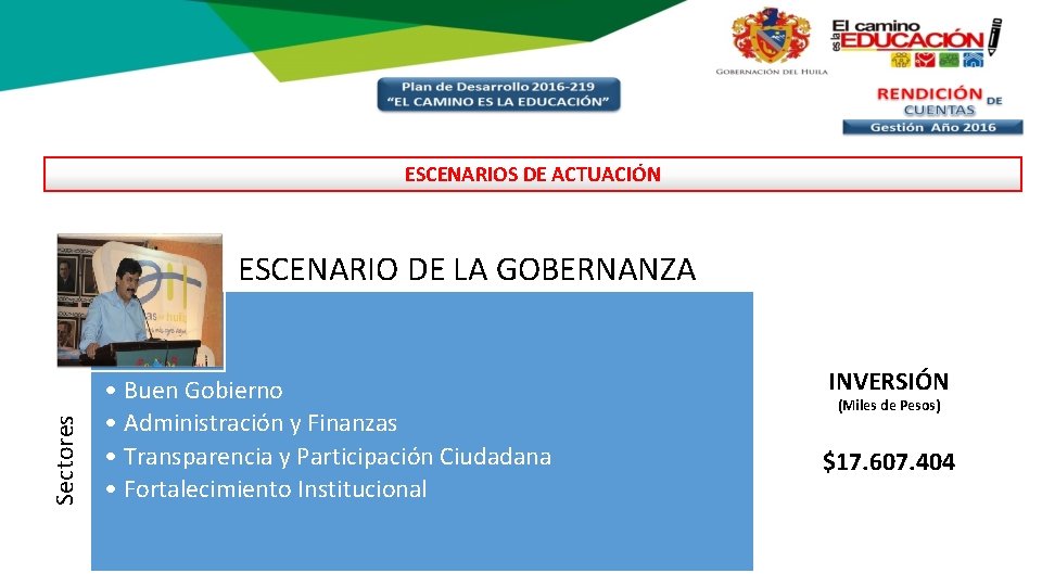 ESCENARIOS DE ACTUACIÓN Sectores ESCENARIO DE LA GOBERNANZA • Buen Gobierno • Administración y