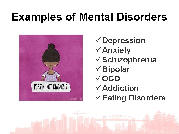 Examples of Mental Disorders ü Depression ü Anxiety ü Schizophrenia ü Bipolar ü OCD