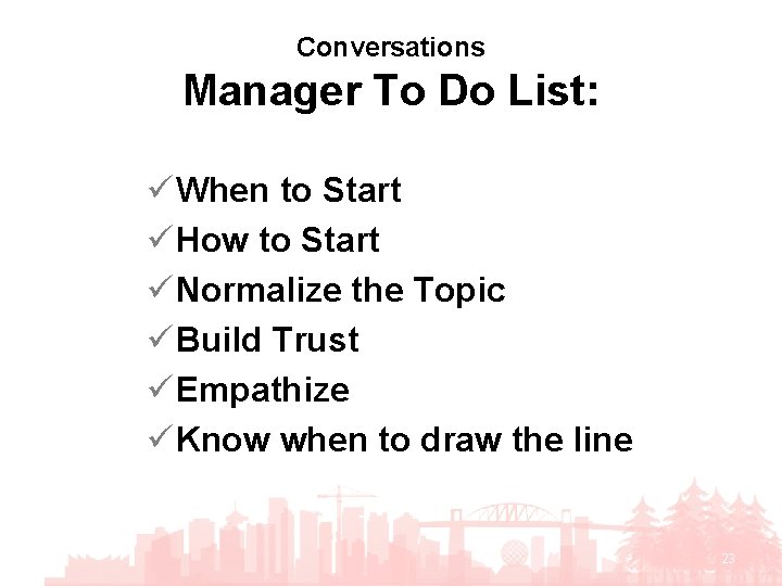Conversations Manager To Do List: ü When to Start ü How to Start ü