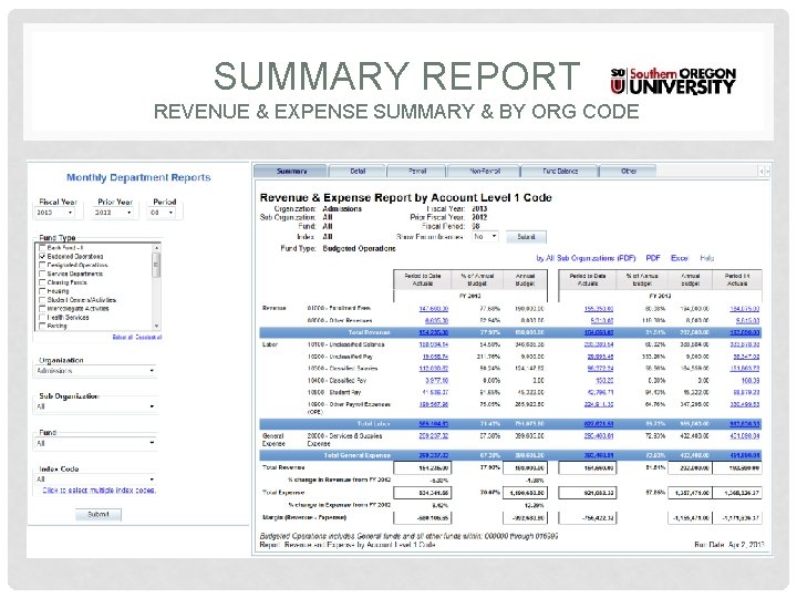 SUMMARY REPORT REVENUE & EXPENSE SUMMARY & BY ORG CODE 