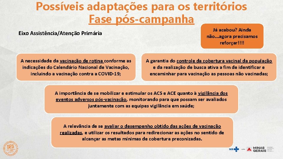 Possíveis adaptações para os territórios Fase pós-campanha Eixo Assistência/Atenção Primária A necessidade da vacinação