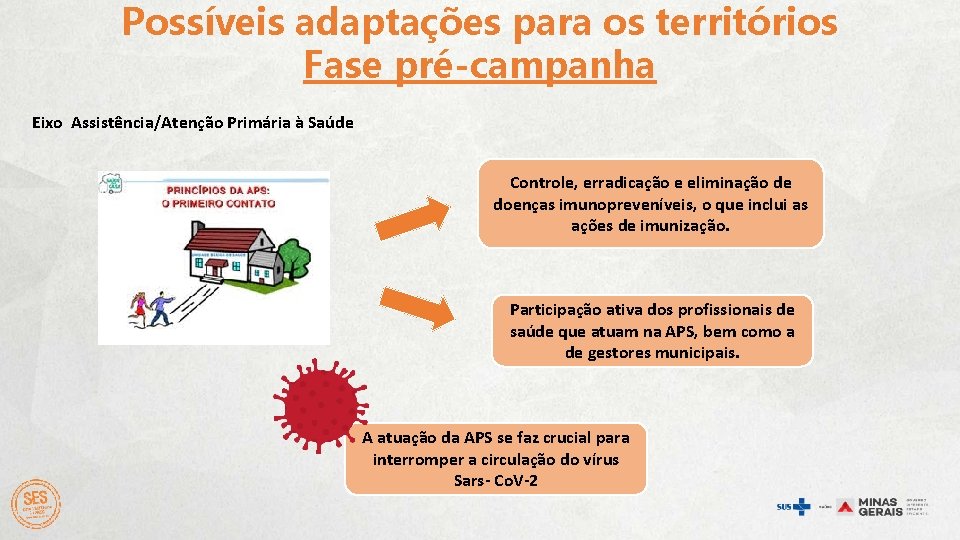 Possíveis adaptações para os territórios Fase pré-campanha Eixo Assistência/Atenção Primária à Saúde Controle, erradicação