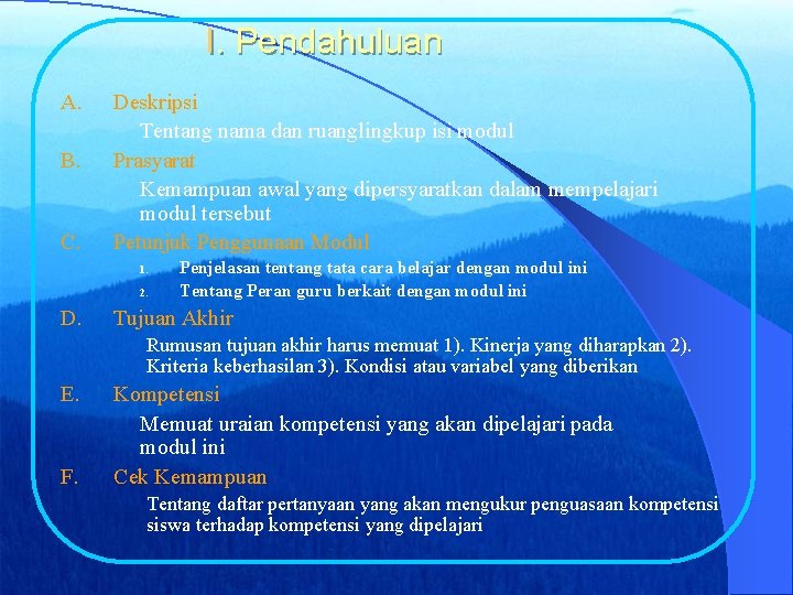 I. Pendahuluan A. B. C. Deskripsi Tentang nama dan ruanglingkup isi modul Prasyarat Kemampuan