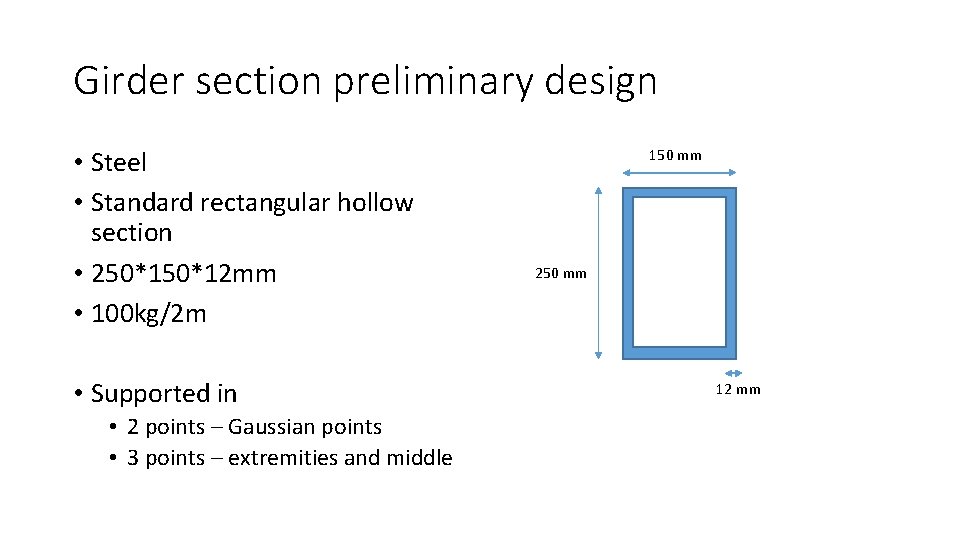 Girder section preliminary design • Steel • Standard rectangular hollow section • 250*12 mm