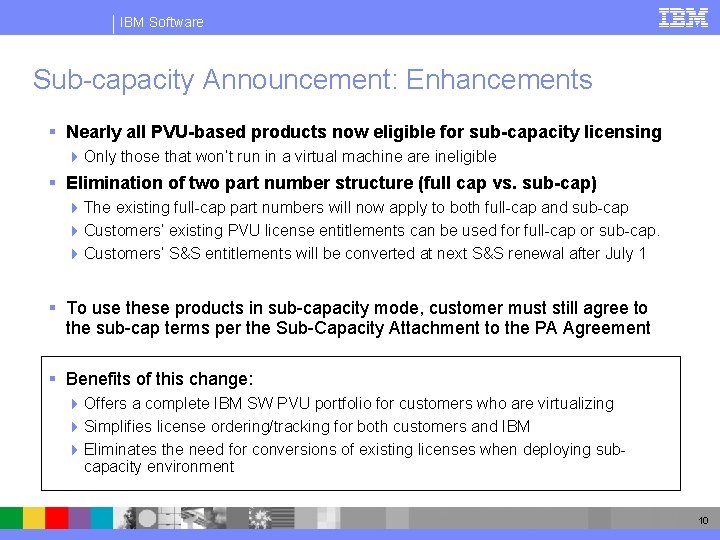 IBM Software Sub-capacity Announcement: Enhancements § Nearly all PVU-based products now eligible for sub-capacity