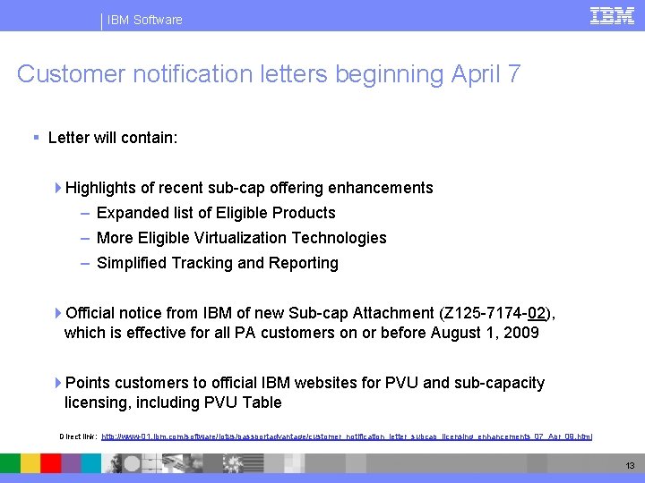 IBM Software Customer notification letters beginning April 7 § Letter will contain: 4 Highlights