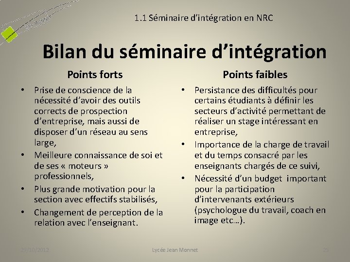 1. 1 Séminaire d’intégration en NRC Bilan du séminaire d’intégration Points forts Points faibles