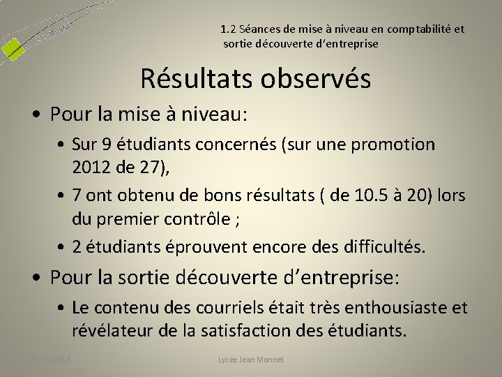 1. 2 Séances de mise à niveau en comptabilité et sortie découverte d’entreprise Résultats