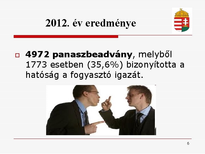2012. év eredménye o 4972 panaszbeadvány, melyből 1773 esetben (35, 6%) bizonyította a hatóság