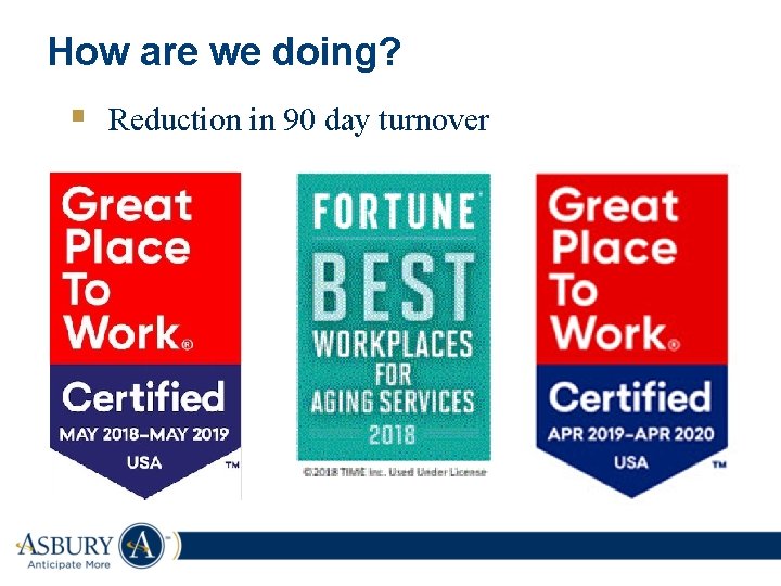 How are we doing? § Reduction in 90 day turnover 