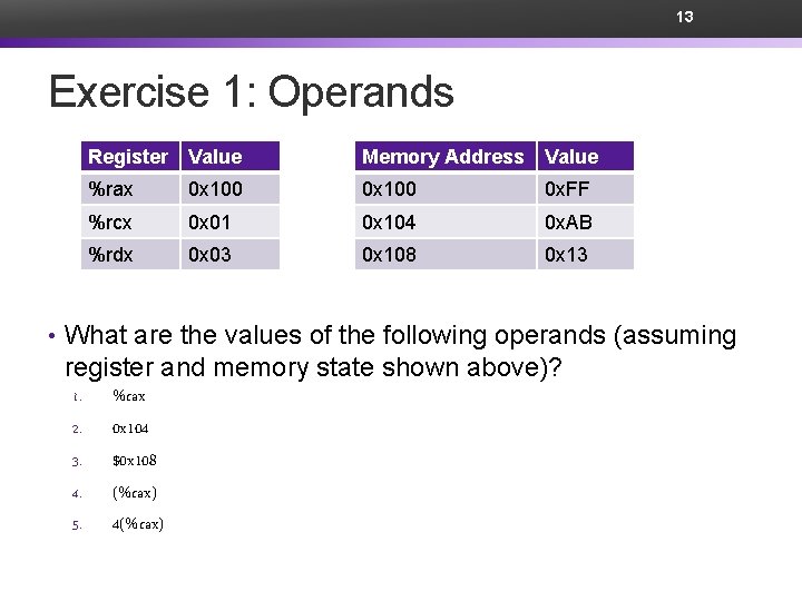 13 Exercise 1: Operands Register Value Memory Address Value %rax 0 x 100 0