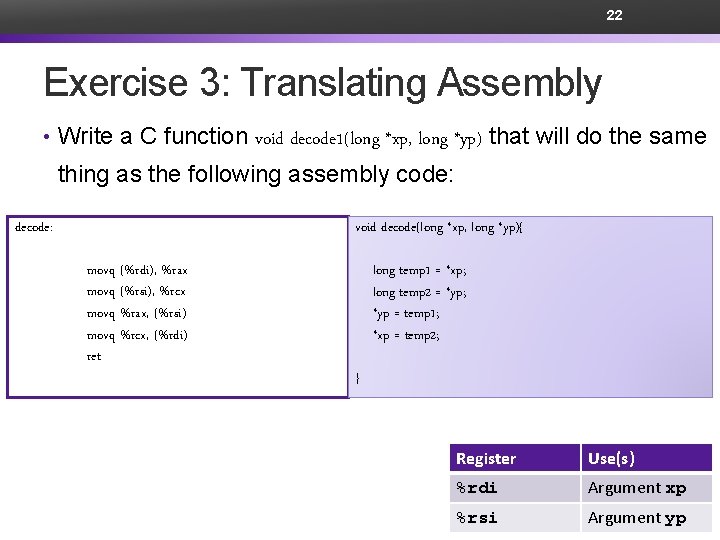 22 Exercise 3: Translating Assembly • Write a C function void decode 1(long *xp,