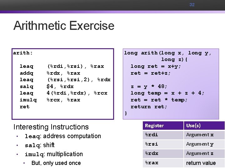 32 Arithmetic Exercise arith: leaq (%rdi, %rsi), %rax addq %rdx, %rax leaq (%rsi, 2),