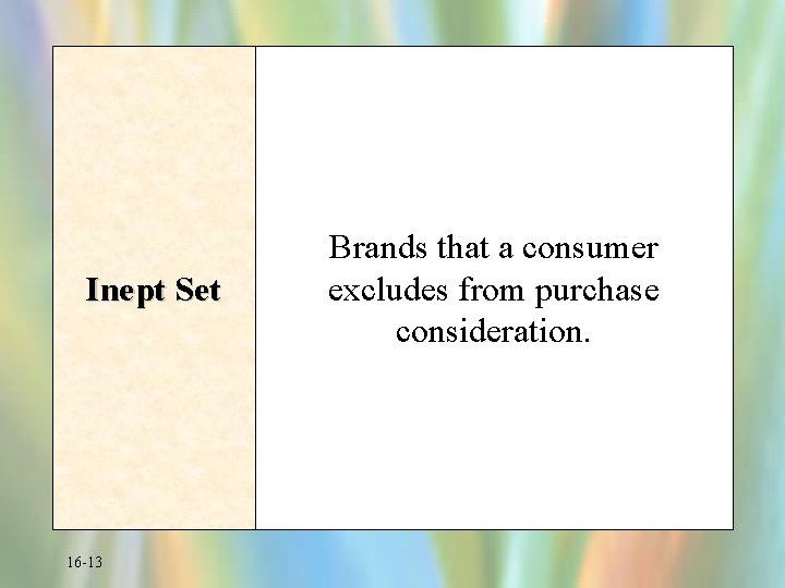 Inept Set 16 -13 Brands that a consumer excludes from purchase consideration. 