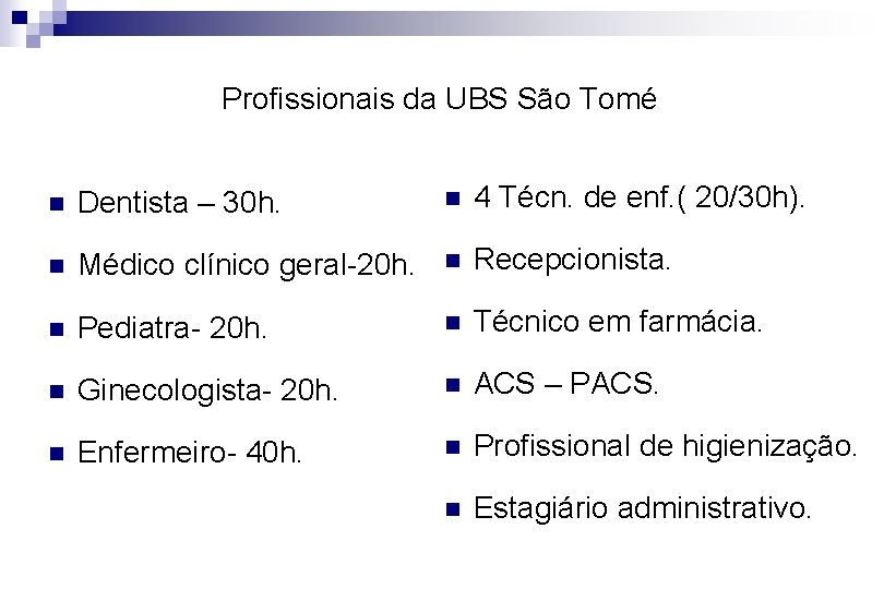 Profissionais da UBS São Tomé n Dentista – 30 h. n 4 Técn. de
