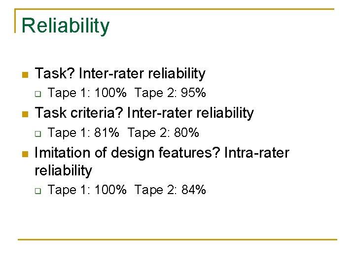 Reliability n Task? Inter-rater reliability q n Task criteria? Inter-rater reliability q n Tape