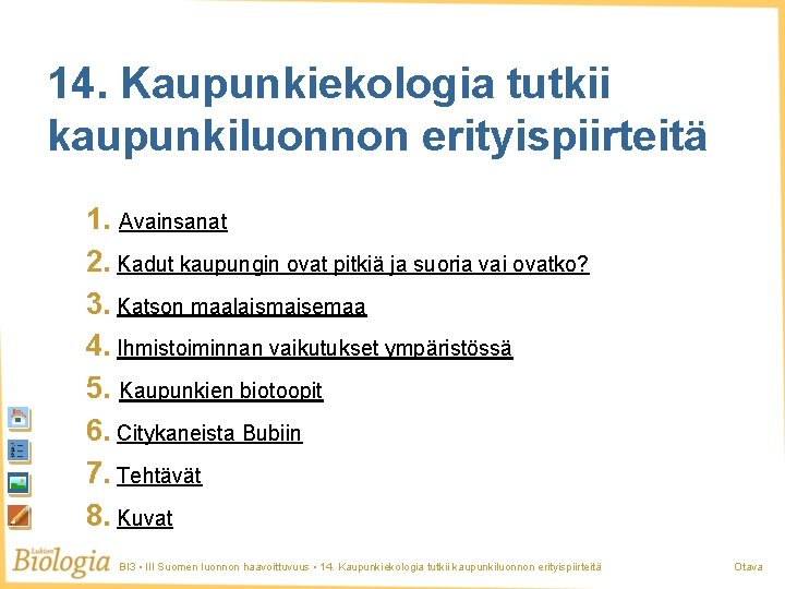 14. Kaupunkiekologia tutkii kaupunkiluonnon erityispiirteitä 1. Avainsanat 2. Kadut kaupungin ovat pitkiä ja suoria