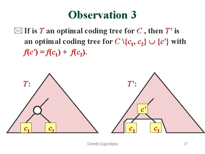 Observation 3 * If is T an optimal coding tree for C , then