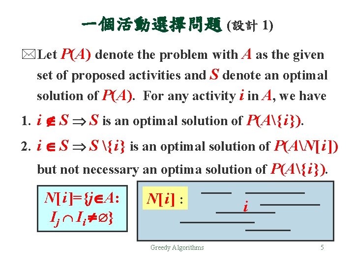 一個活動選擇問題 (設計 1) *Let P(A) denote the problem with A as the given set