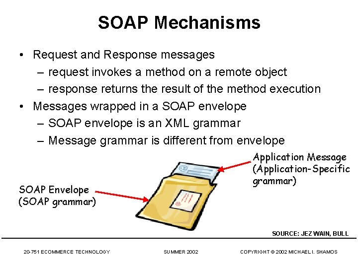 SOAP Mechanisms • Request and Response messages – request invokes a method on a