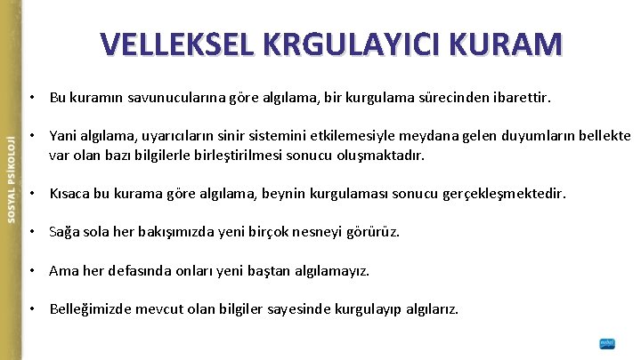 VELLEKSEL KRGULAYICI KURAM • Bu kuramın savunucularına göre algılama, bir kurgulama sürecinden ibarettir. •