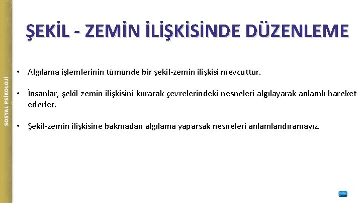 ŞEKİL - ZEMİN İLİŞKİSİNDE DÜZENLEME • Algılama işlemlerinin tümünde bir şekil-zemin ilişkisi mevcuttur. •