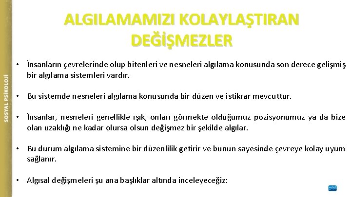 ALGILAMAMIZI KOLAYLAŞTIRAN DEĞİŞMEZLER • İnsanların çevrelerinde olup bitenleri ve nesneleri algılama konusunda son derece